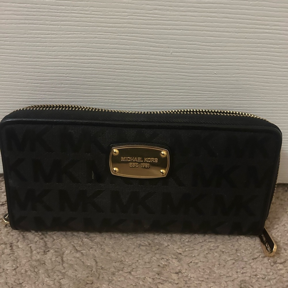 Michael Kors Black and Gold Zip-Around Wallet